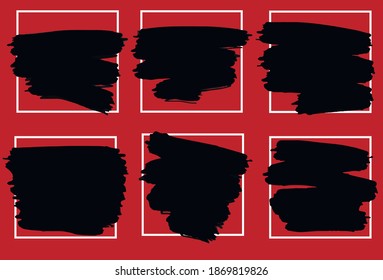 Vector grunge backgrounds set on red background. Brush black paint and white square frame. 