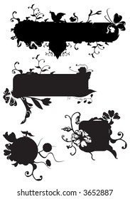 Vector grunge banners with swirls and scrolls, floral and plants elements