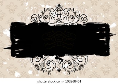 Vector Grunge black banner with old background. Vintage patterned border