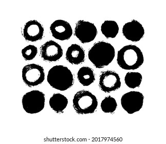 Vector grunge black circles on white background. Collection of circular line shapes with dry rough edges. Hand drawn artistic design elements, frames for text. Circle stamps, ink blob, round buttons