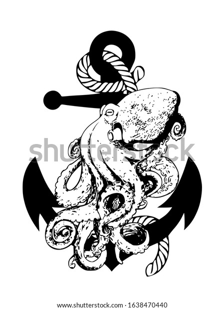 Vector grunge black octopus tattoo drawing design illustration with