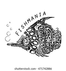 vector grunge black outlined butterfly fish illustartion with bubbles.