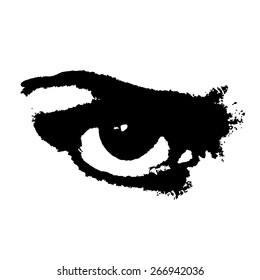 Vector Grunge Black And White Angry Eye. Isolated Art Element For Poster, Banner, Card Design. Evil And Fury Expression. Distress Artistic Texture