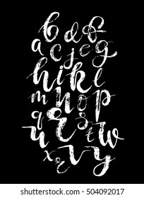 Vector grunge brush alphabet isolated. Dirty ink brush hand drawn unique objects for logo, design, poster, banner, web design object white on black.