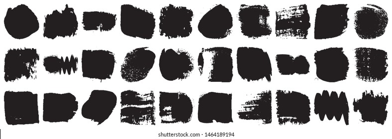 Vector grunge brush, spots. Abstract brush strokes with a dry brush. Large set of ink blots. Black backdrops, patterns on white background