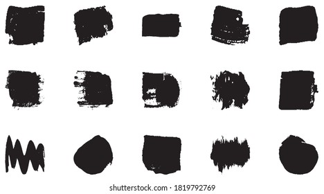 Vector grunge brush, spots. Abstract brush strokes with a dry brush. Large set of ink blots. Black backdrops, patterns on white background