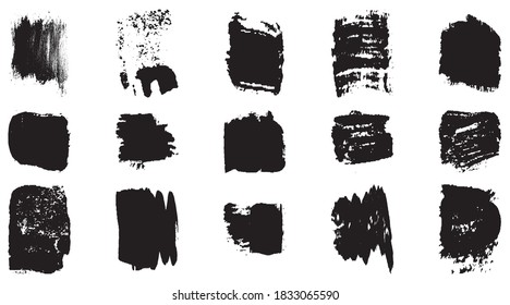 Pincel de grunge vectorial, puntos. Acariciaciones abstractas de pincel con cepillo seco. Gran conjunto de manchas de tinta. Fondo negro, patrones sobre fondo blanco