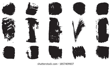 Vector grunge brush, spots. Abstract brush strokes with a dry brush. Large set of ink blots. Black backdrops, patterns on white background