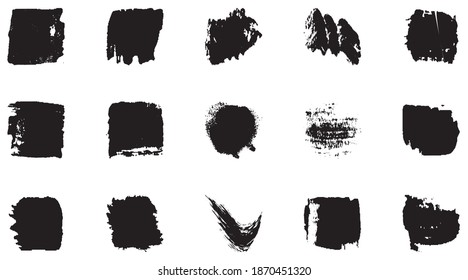 Vector grunge brush, spots. Abstract brush strokes with a dry brush. Large set of ink blots. Black backdrops, patterns on white background