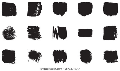 Vector grunge brush, spots. Abstract brush strokes with a dry brush. Large set of ink blots. Black backdrops, patterns on white background