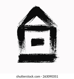 Vector Grunge Brush Strokes House Icon. Contour design, textured painting, black on white background