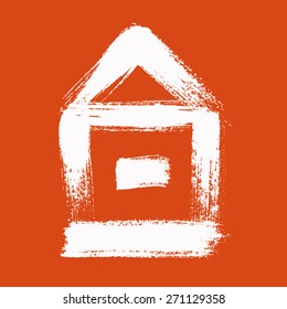 Vector Grunge Brush Strokes House Icon. Contour design, textured painting, white on orange background. 