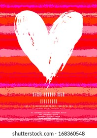 Vector grunge card with hand painted heart shape on striped background in red color. Template for St. Valentines day card, romantic wedding invitation, promotion coupon of gift for two
