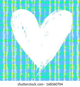 Vector grunge card with hand painted heart shape on plaid background in blue color. Template for St. Valentines day card, romantic wedding invitation, promotion coupon of gift for two