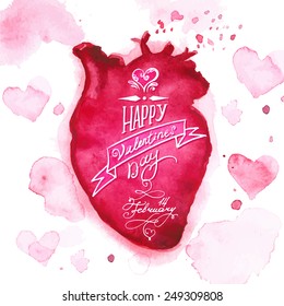 Vector grunge card with hand painted hearts on white background. Template for St. Valentines day card