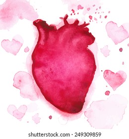 Vector grunge card with hand painted hearts on white background. Template for St. Valentines day card
