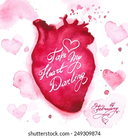 Vector grunge card with hand painted hearts on white background. Template for St. Valentines day card