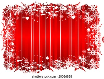 Ein Vektorgrunge-Weihnachtsrahmen mit Schneeflocken auf rotem Hintergrund mit Grunge-Grenze