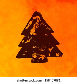Vector grunge Christmas tree design. Yellow Christmas background. Watercolor background. Textured backdrop with Christmas tree silhouette can be used for cards design, web, printing etc.