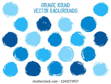 Vector grunge circles design. Creative stamp texture circle scratched label backgrounds. Circular tag, ink logo shape, round button elements. Grunge round shape banner backgrounds set.