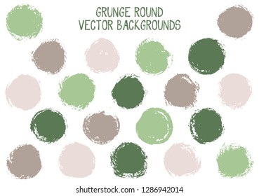 Vector grunge circles design. Creative stamp texture circle scratched label backgrounds. Circular icon, badge shape, oval button elements. Grunge round shape banner backgrounds set.