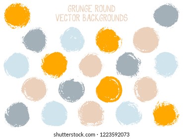 Vector grunge circles design. Distressed post stamp texture circle scratched label backgrounds. Circular icon, badge shape, round button elements. Grunge round shape banner backgrounds set.