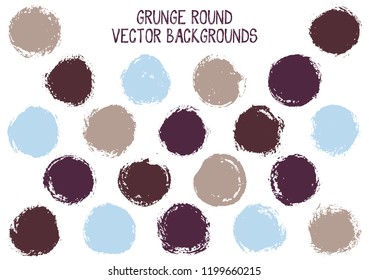 Vector grunge circles design. Dry post stamp texture circle scratched label backgrounds. Circular tag icon, chalk logo shape, oval button elements. Grunge round shape banner backgrounds set.