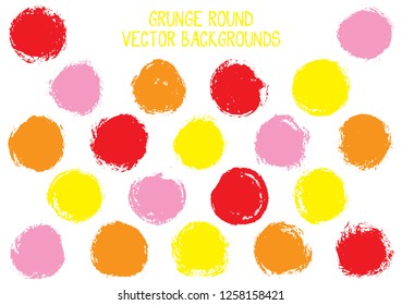 Vector grunge circles design. Dry post stamp texture circle scratched label backgrounds. Circular tag, chalk logo shape, round button elements. Grunge round shape banner backgrounds set.