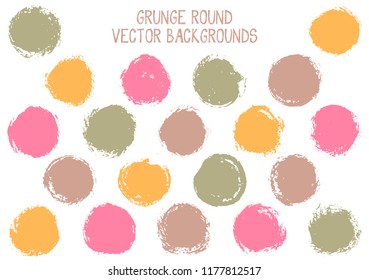 Vector grunge circles design. Modern stamp texture circle scratched label backgrounds. Circular icon, logo shape, oval button elements. Grunge round shape banner backgrounds set.