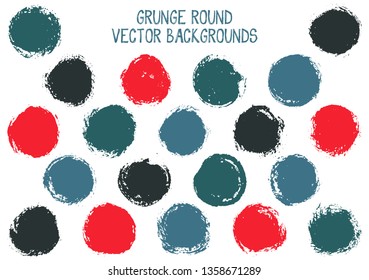 Vector grunge circles design. Modern stamp texture circle scratched label backgrounds. Circular tag icon, chalk logo shape, round button elements. Grunge round shape banner backgrounds set.