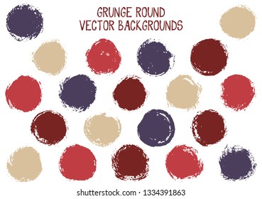 Vector grunge circles design. Retro stamp texture circle scratched label backgrounds. Circular tag, chalk logo shape, round button elements. Grunge round shape banner backgrounds set.