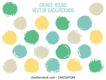 Vector grunge circles design. Retro stamp texture circle scratched label backgrounds. Circular icon, chalk logo shape, oval button elements. Grunge round shape banner backgrounds set.
