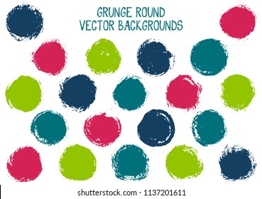 Vector grunge circles design. Vintage post stamp texture circle scratched label backgrounds. Circular icon, badge shape, round button elements. Grunge round shape banner backgrounds set.
