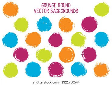 Vector grunge circles design. Vintage post stamp texture circle scratched label backgrounds. Circular icon, chalk logo shape, oval button elements. Grunge round shape banner backgrounds set.