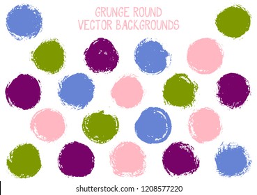 Vector grunge circles. Dirty post stamp texture circle scratched label backgrounds. Circular tag, chalk logo shape, round button elements. Grunge round shape banner backgrounds set.
