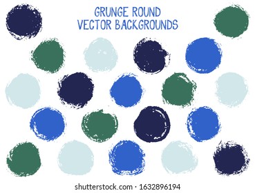 Vector grunge circles. Distressed post stamp texture circle scratched label backgrounds. Circular icon, badge shape, oval button elements. Grunge round shape banner backgrounds set.
