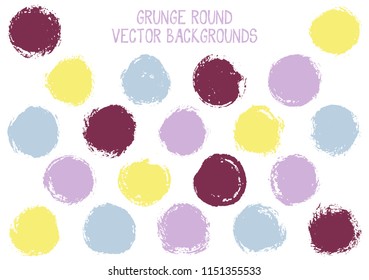 Vector grunge circles. Dry post stamp texture circle scratched label backgrounds. Circular icon, badge shape, oval button elements. Grunge round shape banner backgrounds set.