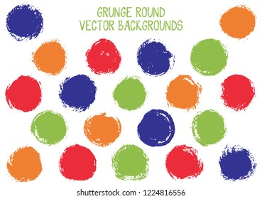 Vector grunge circles. Dry post stamp texture circle scratched label backgrounds. Circular icon, badge shape, oval button elements. Grunge round shape banner backgrounds set.