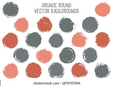 Los círculos de grunge vectorial aislados. Colas de etiquetas raspadas en círculo de textura de sello creativo. Icono circular, forma de insignia, elementos de botón ovalados. Conjunto de fondos de la pancarta de forma redondeada.