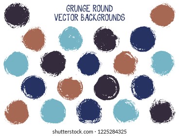 Vector grunge circles isolated. Dirty post stamp texture circle scratched label backgrounds. Circular icon, chalk logo shape, oval button elements. Grunge round shape banner backgrounds set.