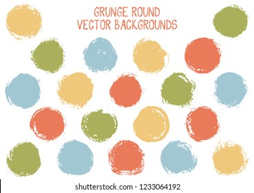 Vector grunge circles isolated. Distressed post stamp texture circle scratched label backgrounds. Circular icon, logo shape, oval button elements. Grunge round shape banner backgrounds set.