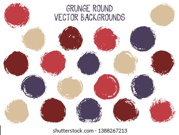 Vector grunge circles isolated. Distressed post stamp texture circle scratched label backgrounds. Circular tag, ink logo shape, round button elements. Grunge round shape banner backgrounds set.