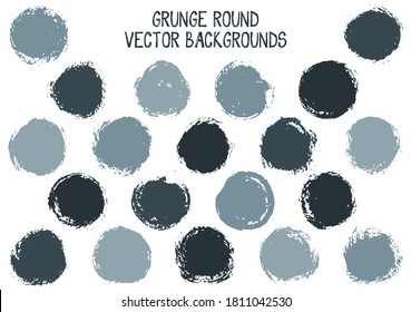 Vector grunge circles isolated. Hipster stamp texture circle scratched label backgrounds. Circular icon, ink logo shape, oval button elements. Grunge round shape banner backgrounds set.