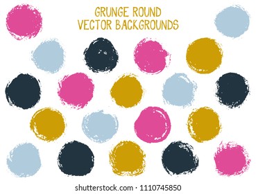 Vector grunge circles isolated. Modern stamp texture circle scratched label backgrounds. Circular icon, chalk logo shape, oval button elements. Grunge round shape banner backgrounds set.