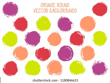 Vector grunge circles isolated. Modern stamp texture circle scratched label backgrounds. Circular tag icon, chalk logo shape, oval button elements. Grunge round shape banner backgrounds set.