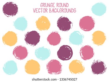 Vector grunge circles isolated. Retro stamp texture circle scratched label backgrounds. Circular tag, ink logo shape, round button elements. Grunge round shape banner backgrounds set.