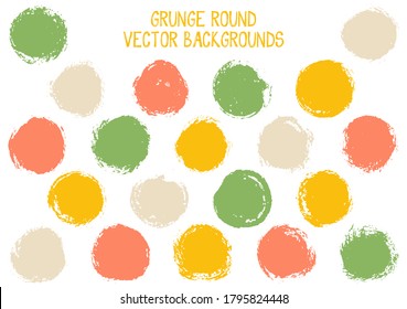 Los círculos de grunge vectorial aislados. Textura de marca retro círculo de raspado fondo de etiqueta. Icono de etiqueta circular, forma de logotipo de tiza, elementos de botón ovalados. Conjunto de fondos de la pancarta de forma redondeada.