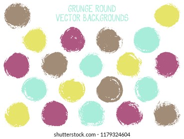 Vector grunge circles isolated. Trendy post stamp texture circle scratched label backgrounds. Circular tag, ink logo shape, round button elements. Grunge round shape banner backgrounds set.