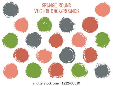 Vector grunge circles. Modern stamp texture circle scratched label backgrounds. Circular tag icon, chalk logo shape, round button elements. Grunge round shape banner backgrounds set.