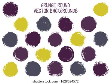 Vector grunge circles. Modern stamp texture circle scratched label backgrounds. Circular tag icon, chalk logo shape, round button elements. Grunge round shape banner backgrounds set.